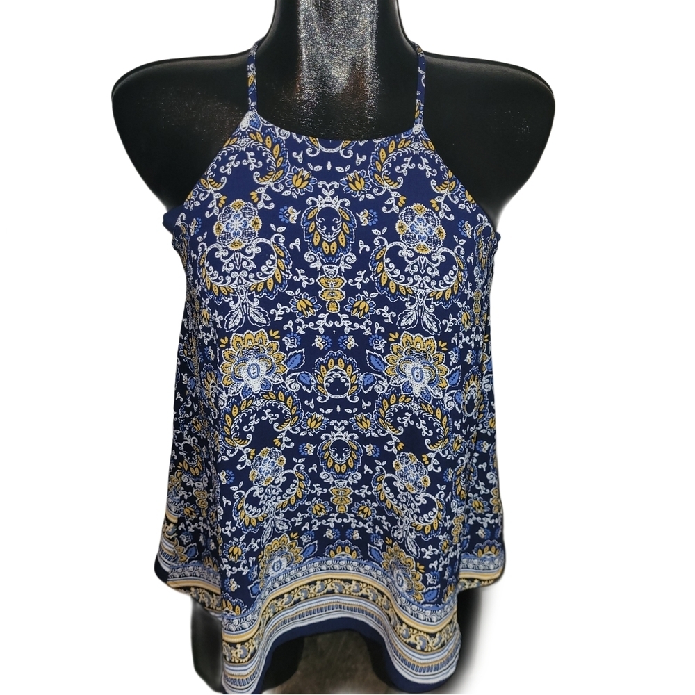 Active USA Blue Paisley Halter Tank Top Size S